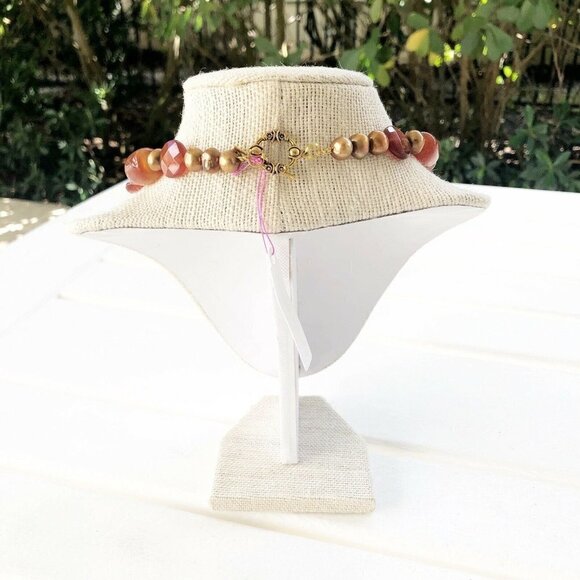 NWT Genuine Carnelian, Agate, Czech Crystal & Pearl Beaded Necklace Orange - Picture 4 of 5